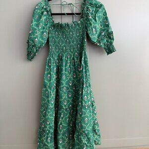 Hill House Home Women’s Emerald Trellis Green Midi Nesli Nap Dress XS Tie Back